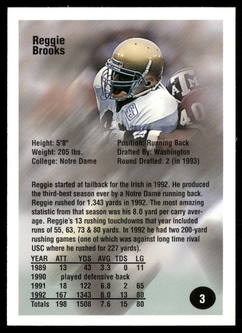 Reggie Brooks 1994 Superior Rookies Autographs #3 SN,AU Notre Dame /1000