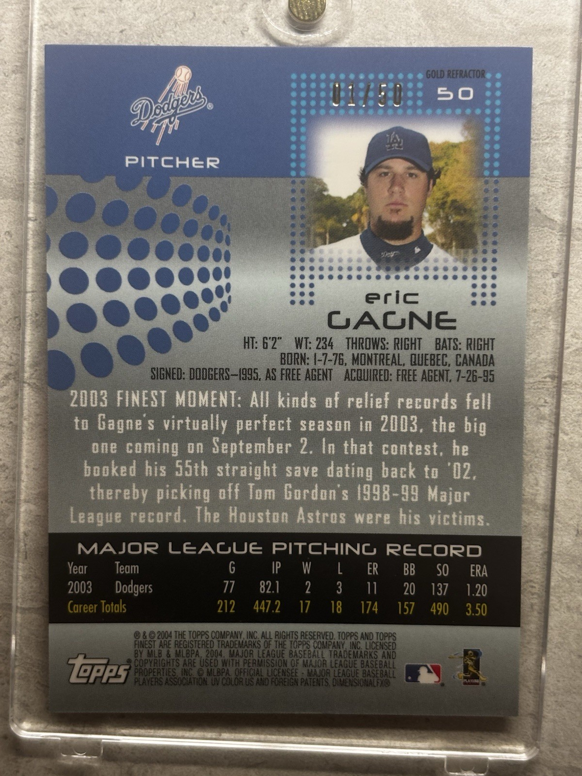 2004 Topps Finest 1/1 1/50 TRUE GOLD REFRACTOR First In Print RARE ERIC GAGNE