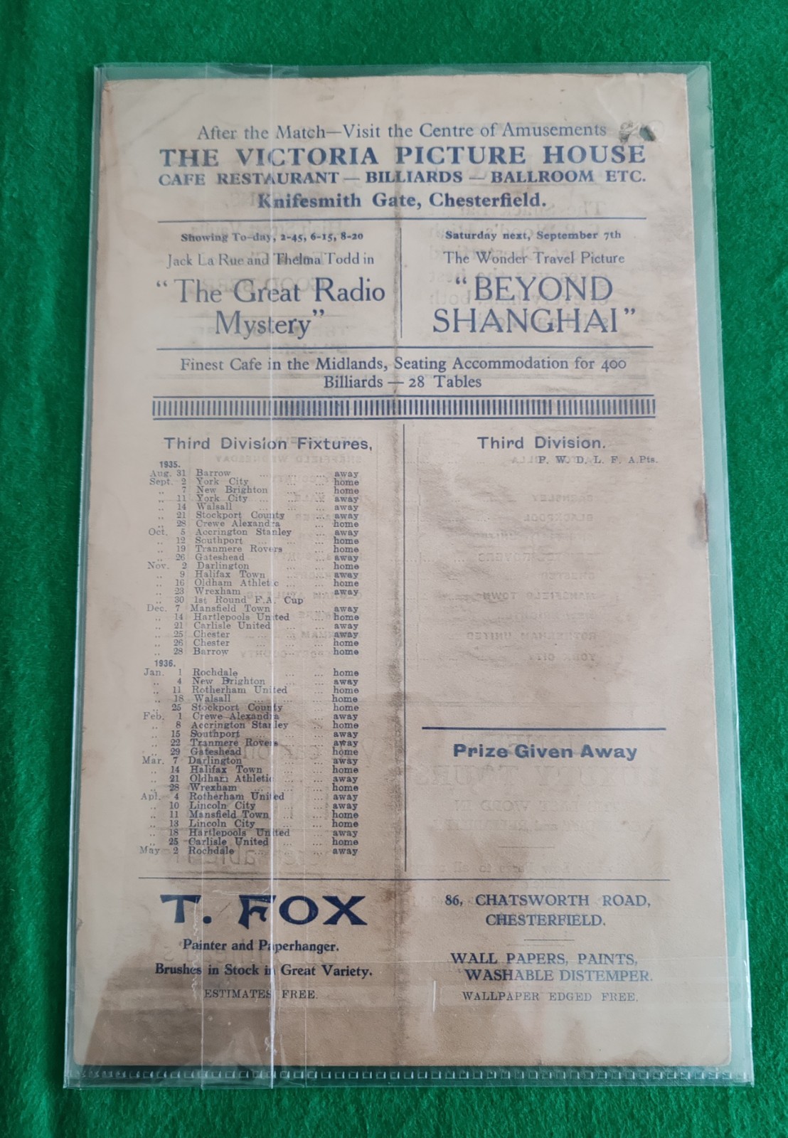 1935/36 Chesterfield Reserves V Bradford City Res. Good, Pin Hole Slc Programme