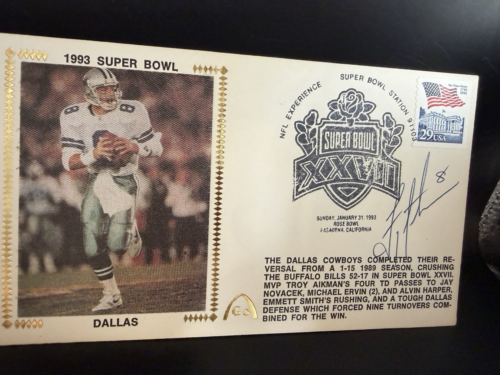 Troy Aikman Signed Super Bowl XXVII Postal Cover Envelope JSA COA Cowboys