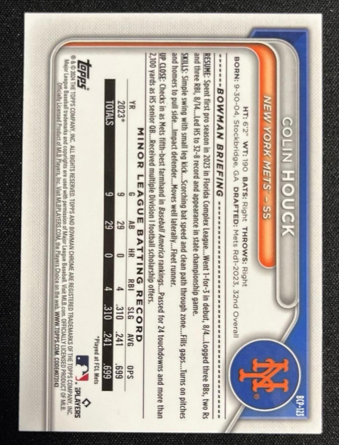 2024 Bowman Chrome Prospects Lunar Glow Refractor Colin Houck #BCP-123 Mets