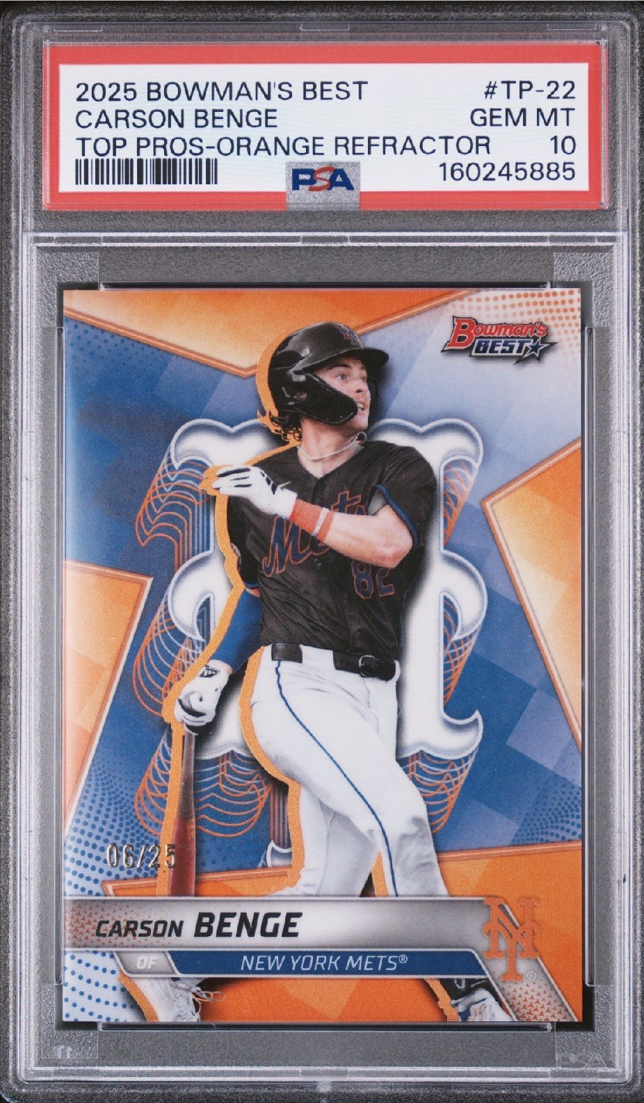 2025 BOWMAN’S BEST TOP PROSPECTS TP-22 CARSON BENGE ORANGE REFRACTOR /25 PSA 10