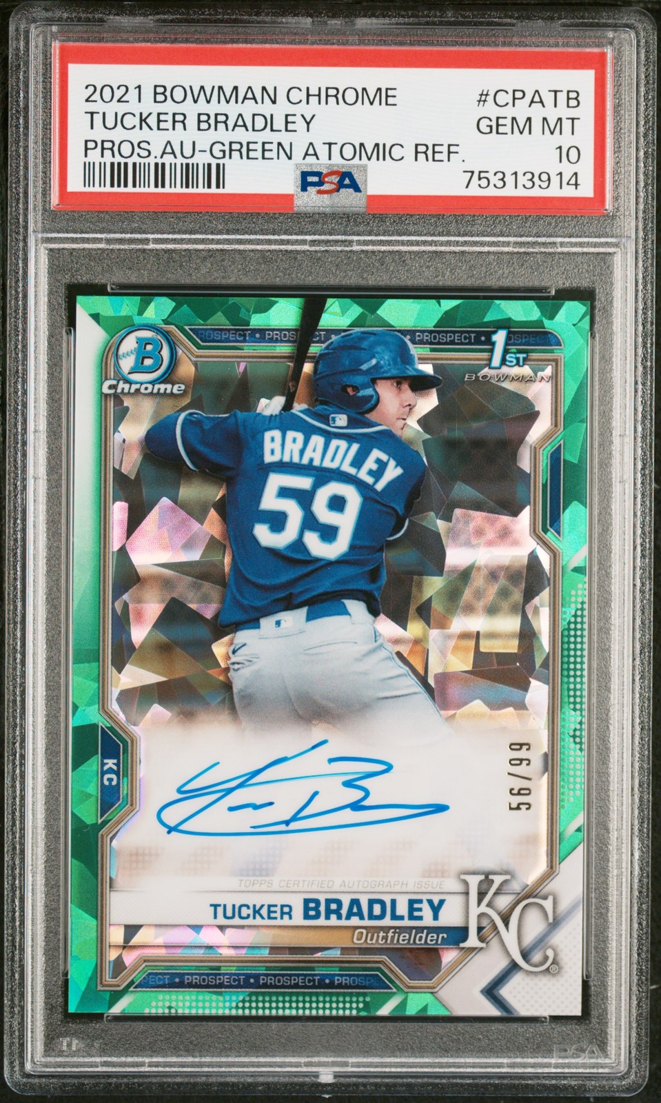 2021 Bowman Chrome Prospect Auto Tucker Bradley Green Atomic Ref 56/99 PSA 10