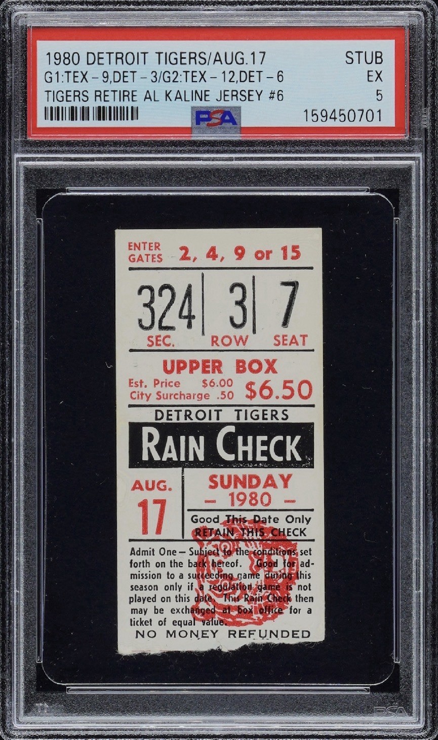 Al Kaline Jersey Retired Ticket Stub Detroit Tigers 1980 Tiger Stadium PSA 5
