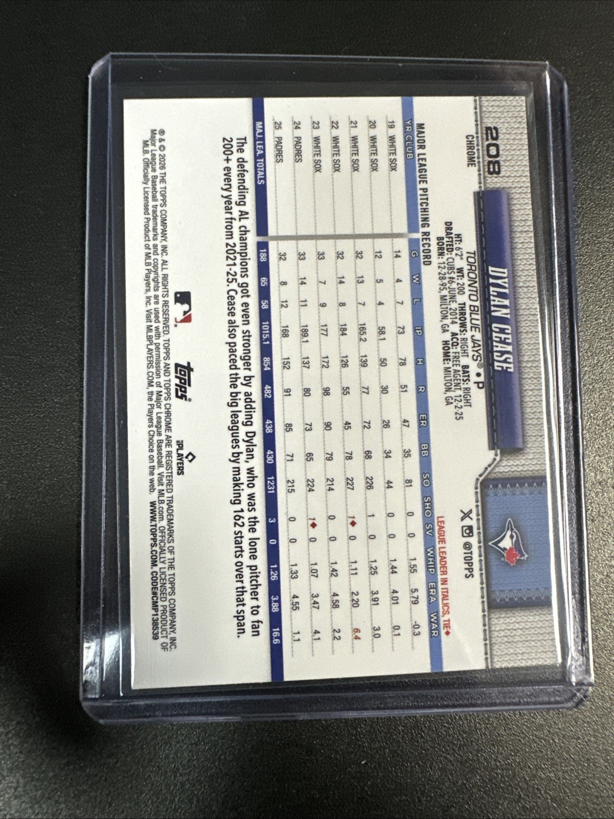 Dylan Cease 2026 Topps Chrome #208 Toronto Blue Jays Prism Refractor