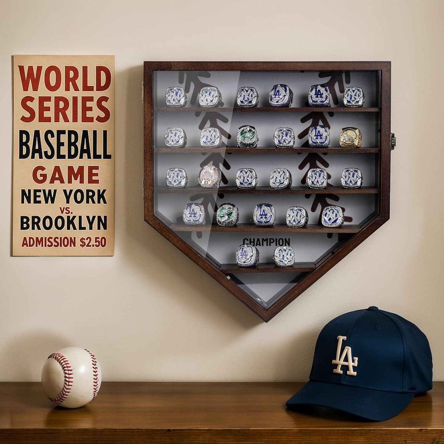 LED Baseball Ring Display Case for 25 Rings – Wall Mount Shadow Box