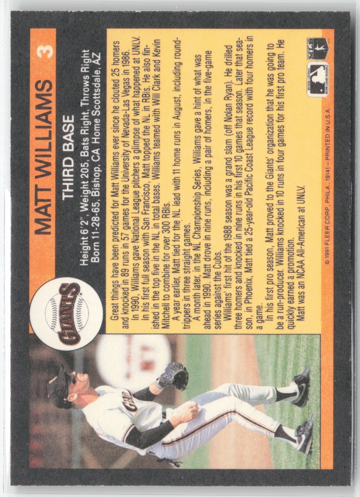 1991 Fleer Matt Williams ’91 Fleer All-Star Team #3 San Francisco Giants