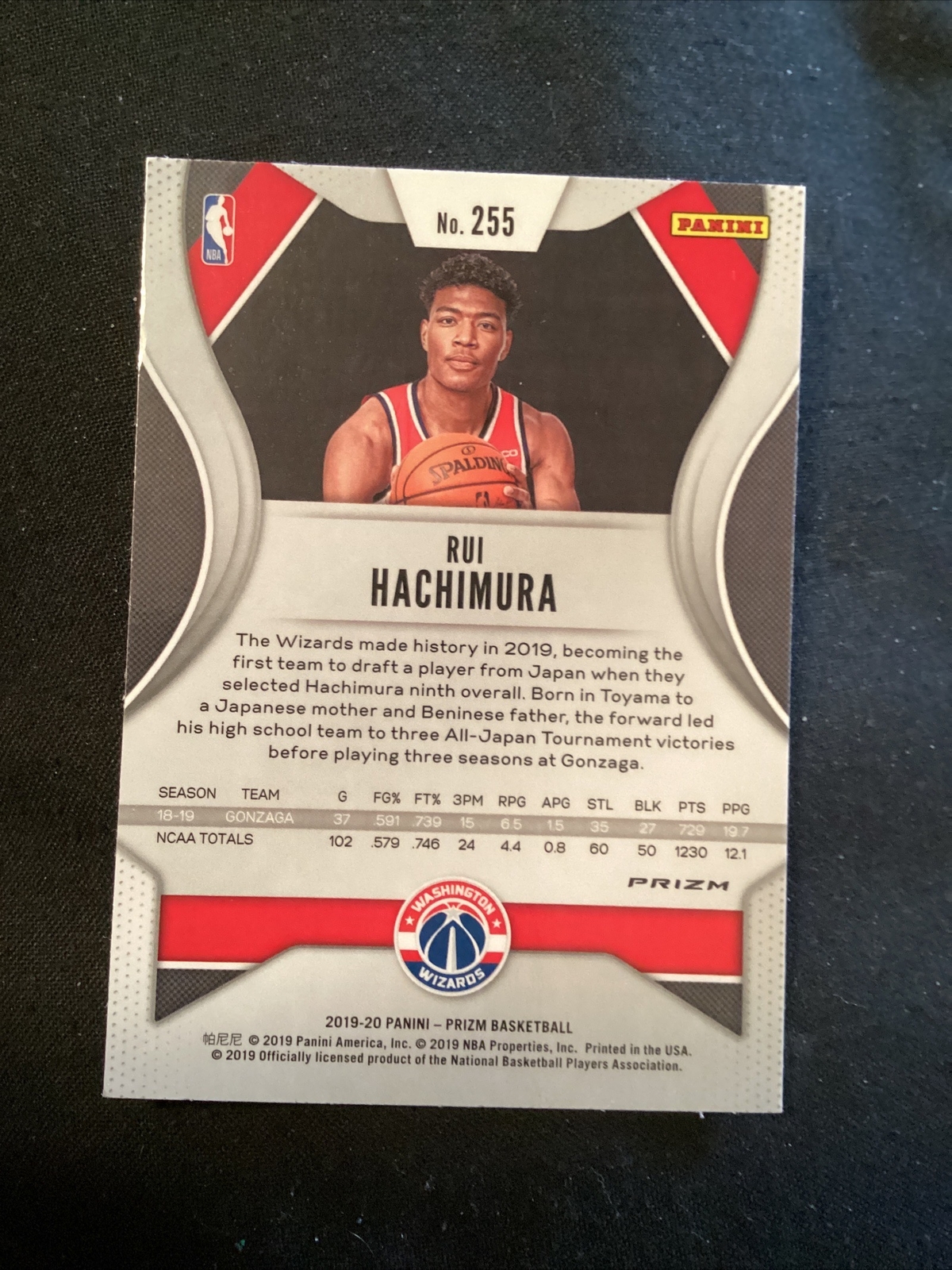 2019-20 Panini Prizm Red White Blue Prizm Rui Hachimura #255 Rookie RC MB1