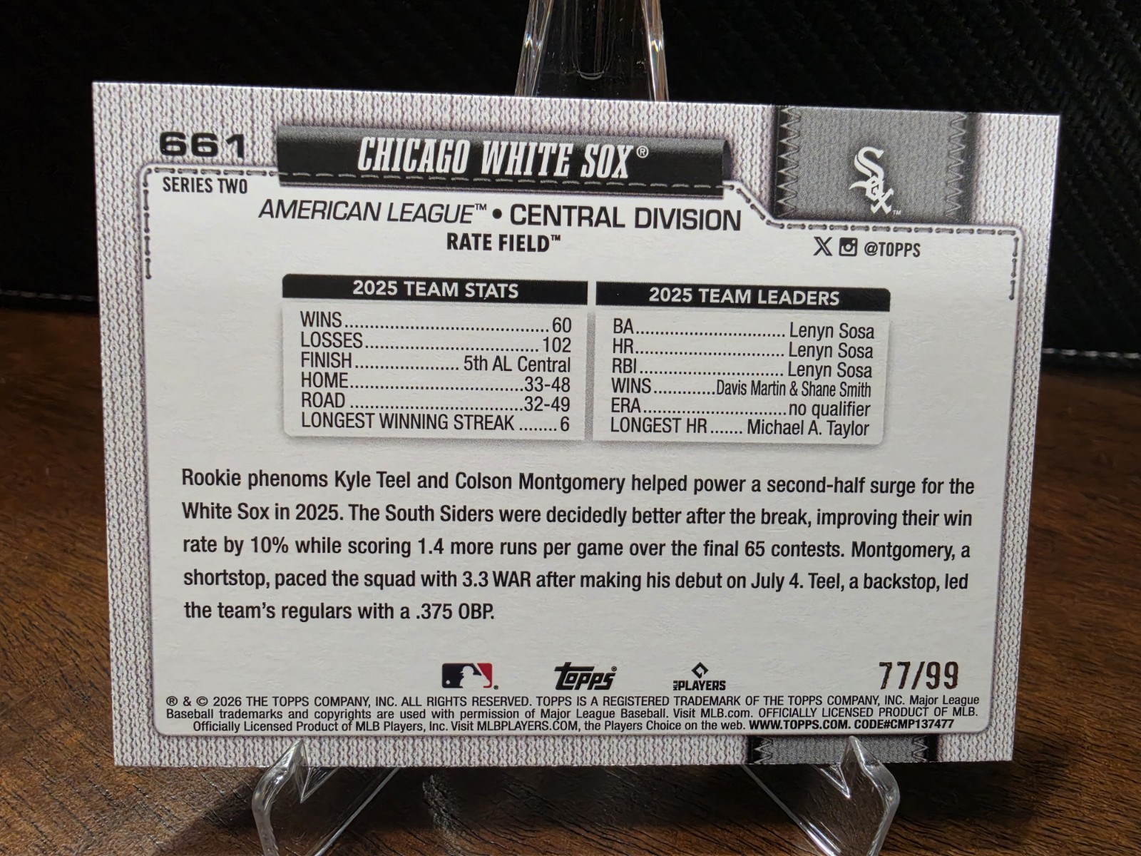 Topps 2026 Series 2 Chicago White Sox Team Card Green Diamante Parallel /99 #661