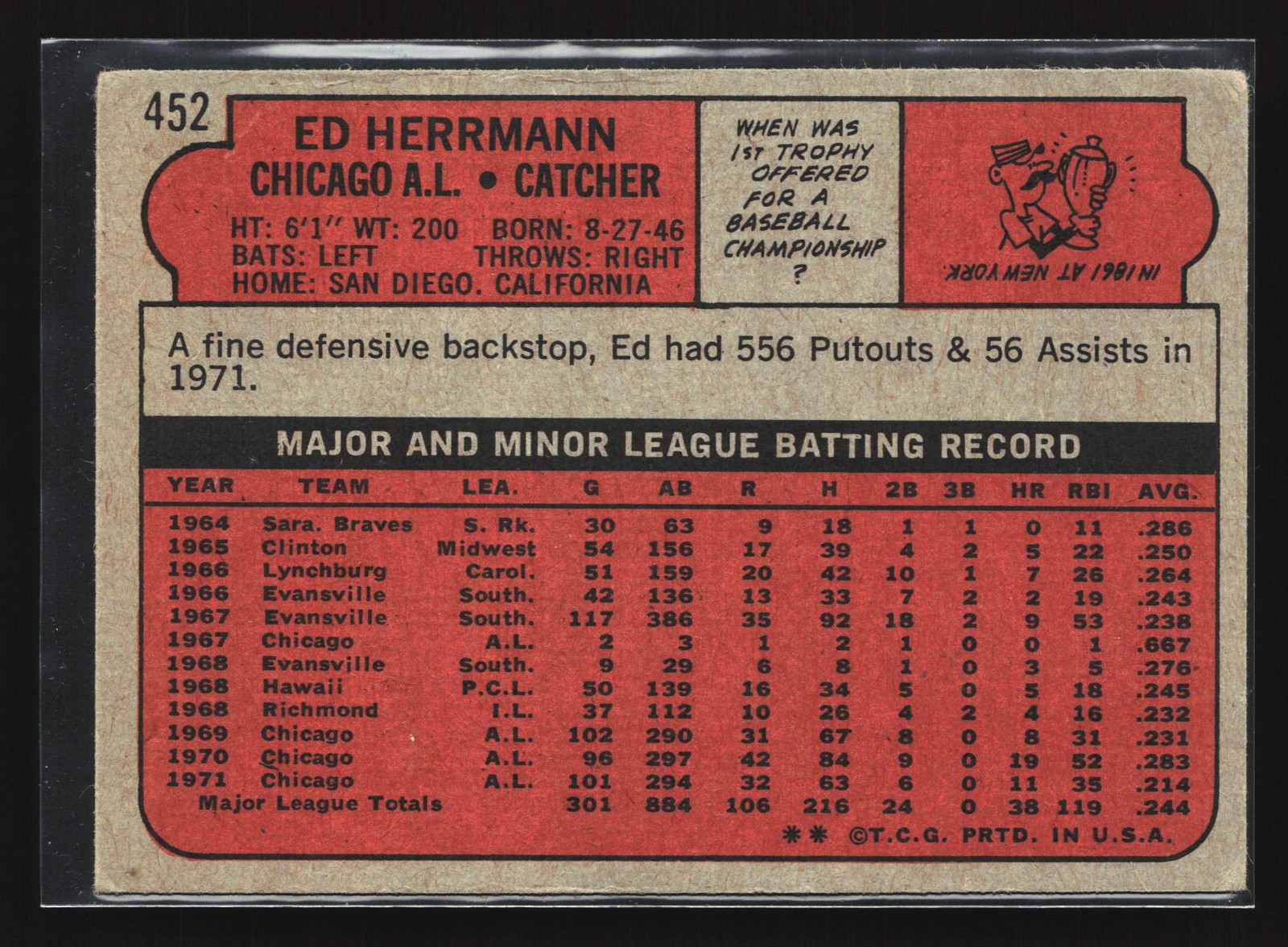 1972 Topps #452 Ed Herrmann EX