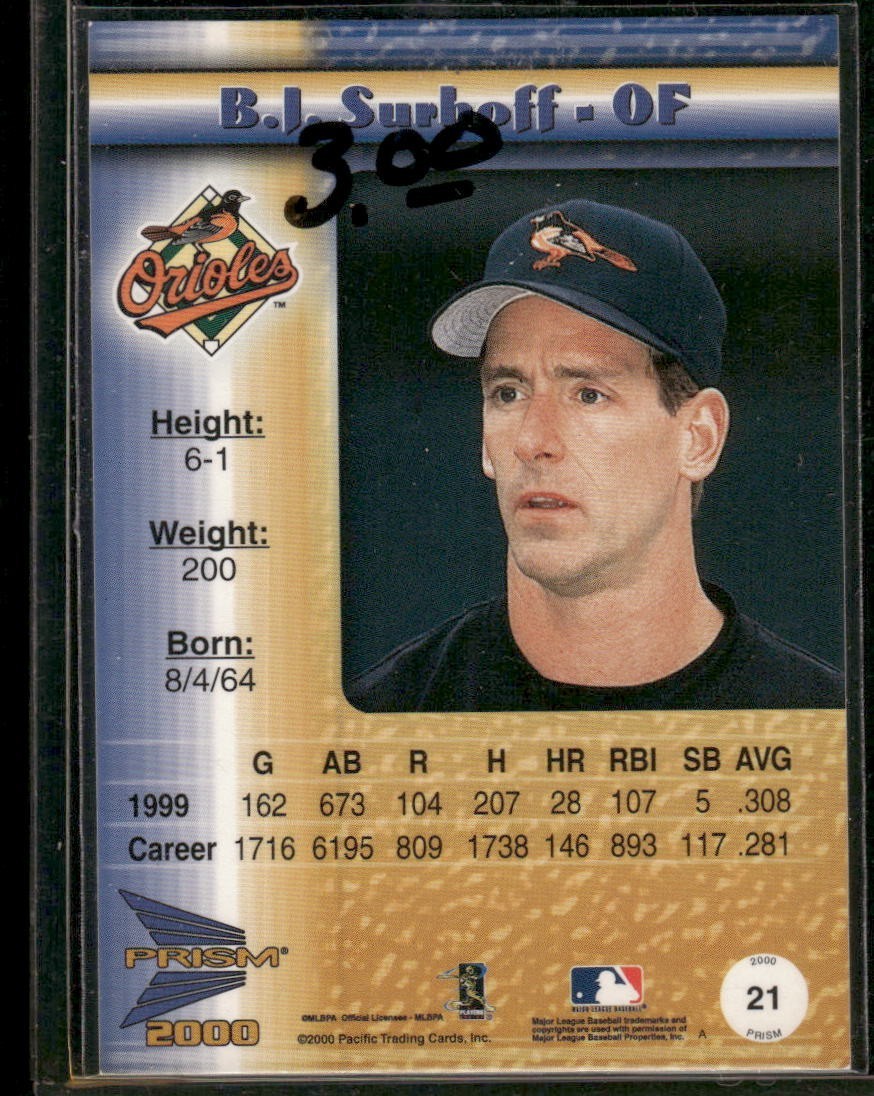 B.J. SURHOFF 2000 Pacific Prism Gold Parallel #D /400 Baltimore Orioles