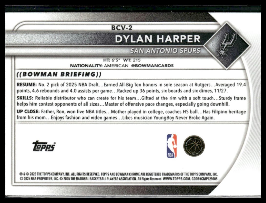 2025-26 Bowman #BCV-2 Dylan Harper Chrome Mojo Refractor (i21050)