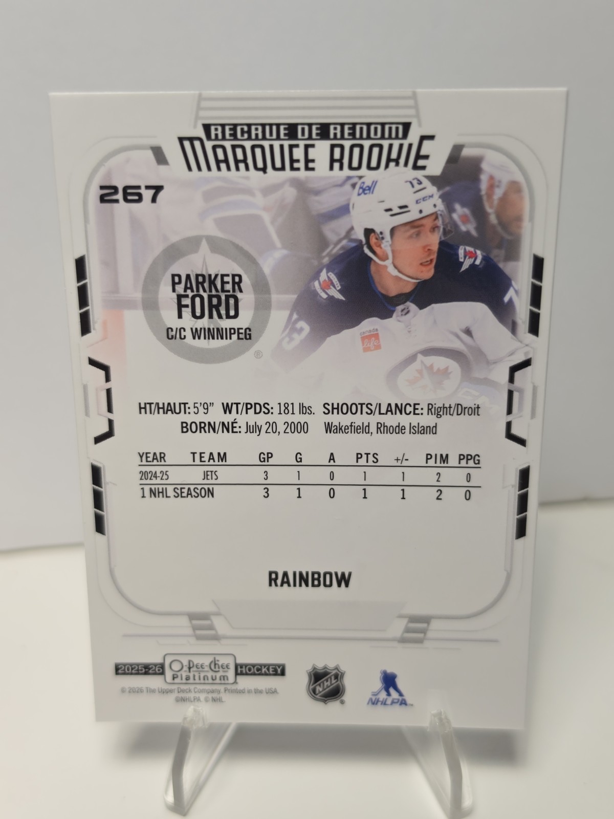 2025-26 UD OPC Platinum Rainbow Marquee Rookie #267 Parker Ford Winnipeg Jets RC