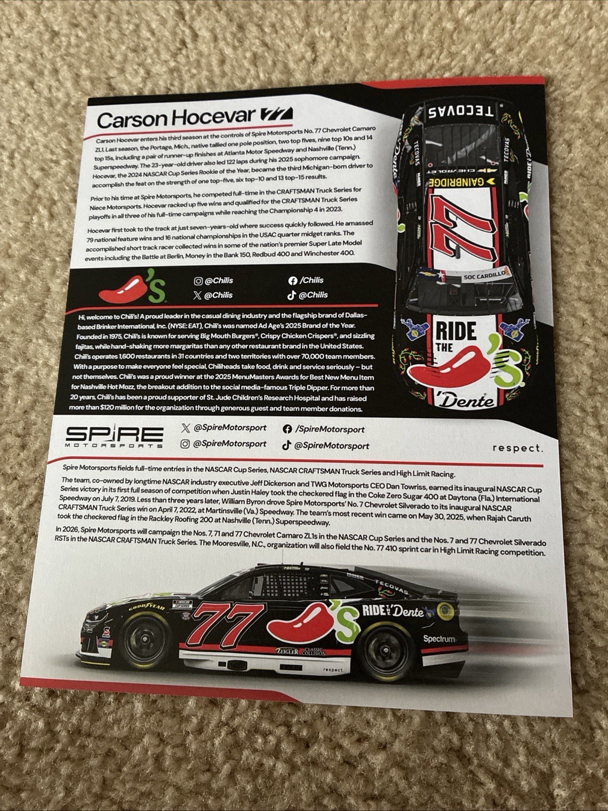 NASCAR Driver #77 Carson Hocevar Ride The Dente 2026 Postcard Charlotte Race