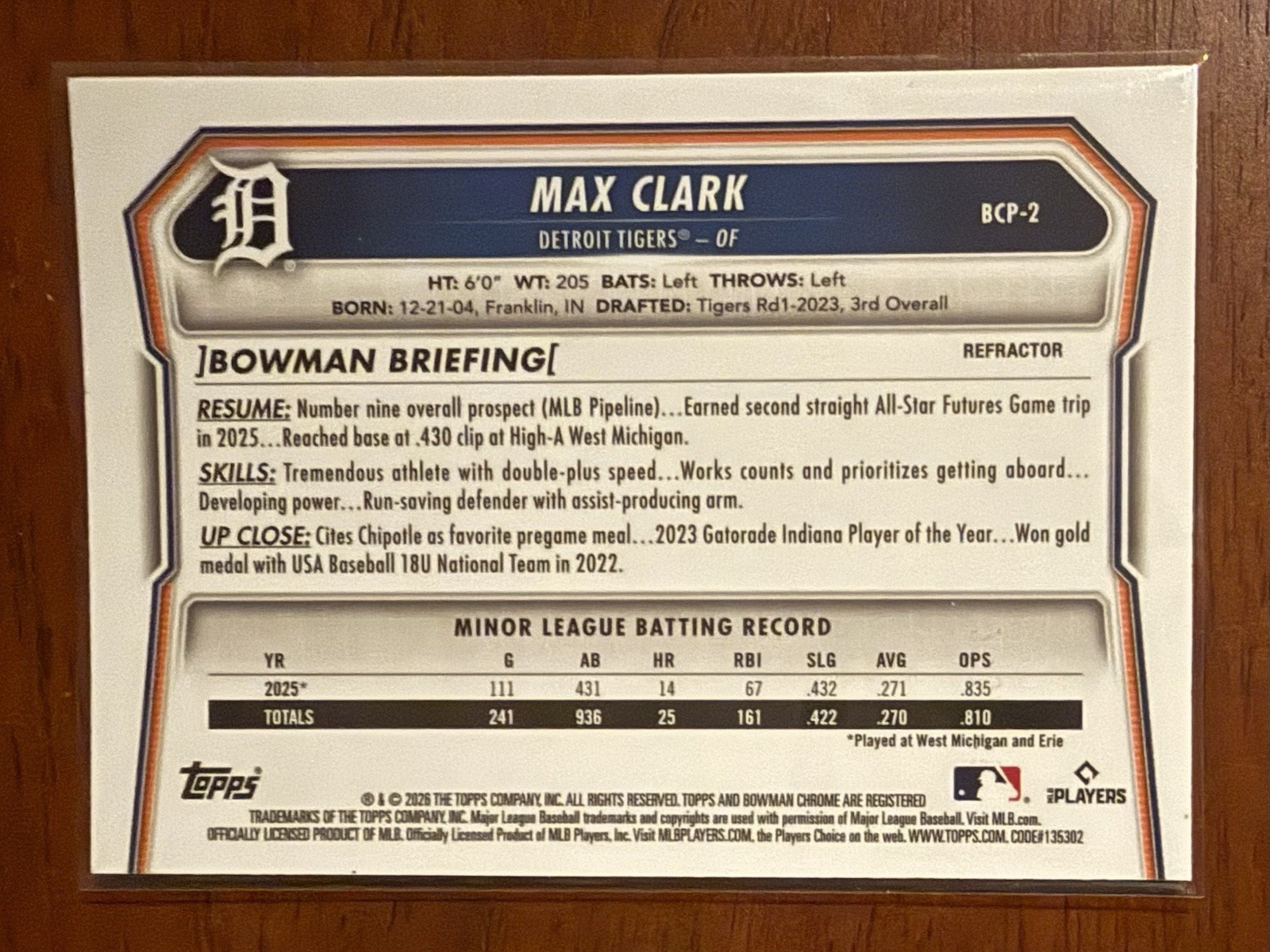 2026 Bowman Baseball Chrome Prospects Max Clark #BCP-2 RC Refractor /499 Tigers