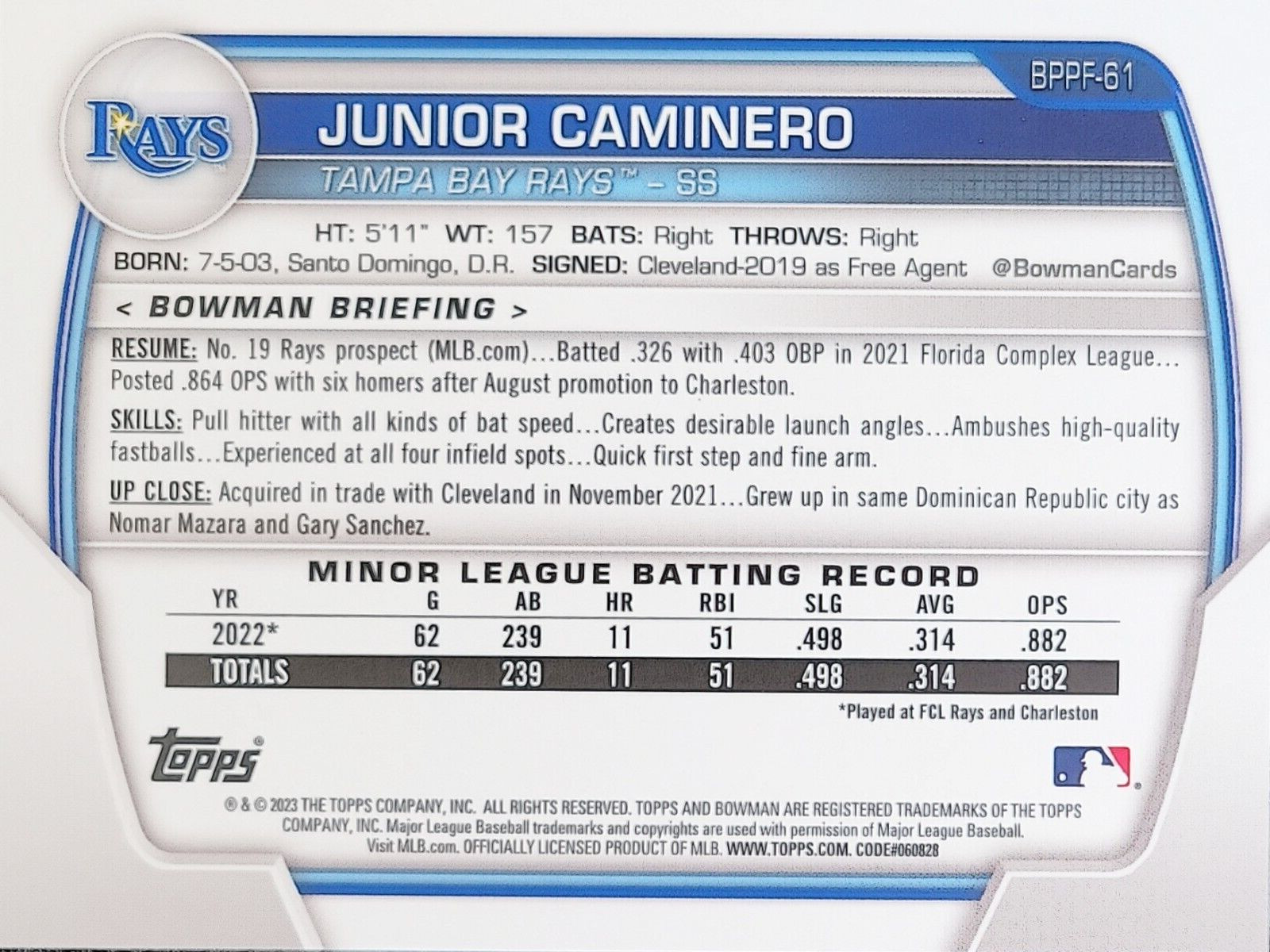 2023 Bowman 1st Edition #BPPF-61 Junior Caminero 1st Bowman Tampa Bay Rays