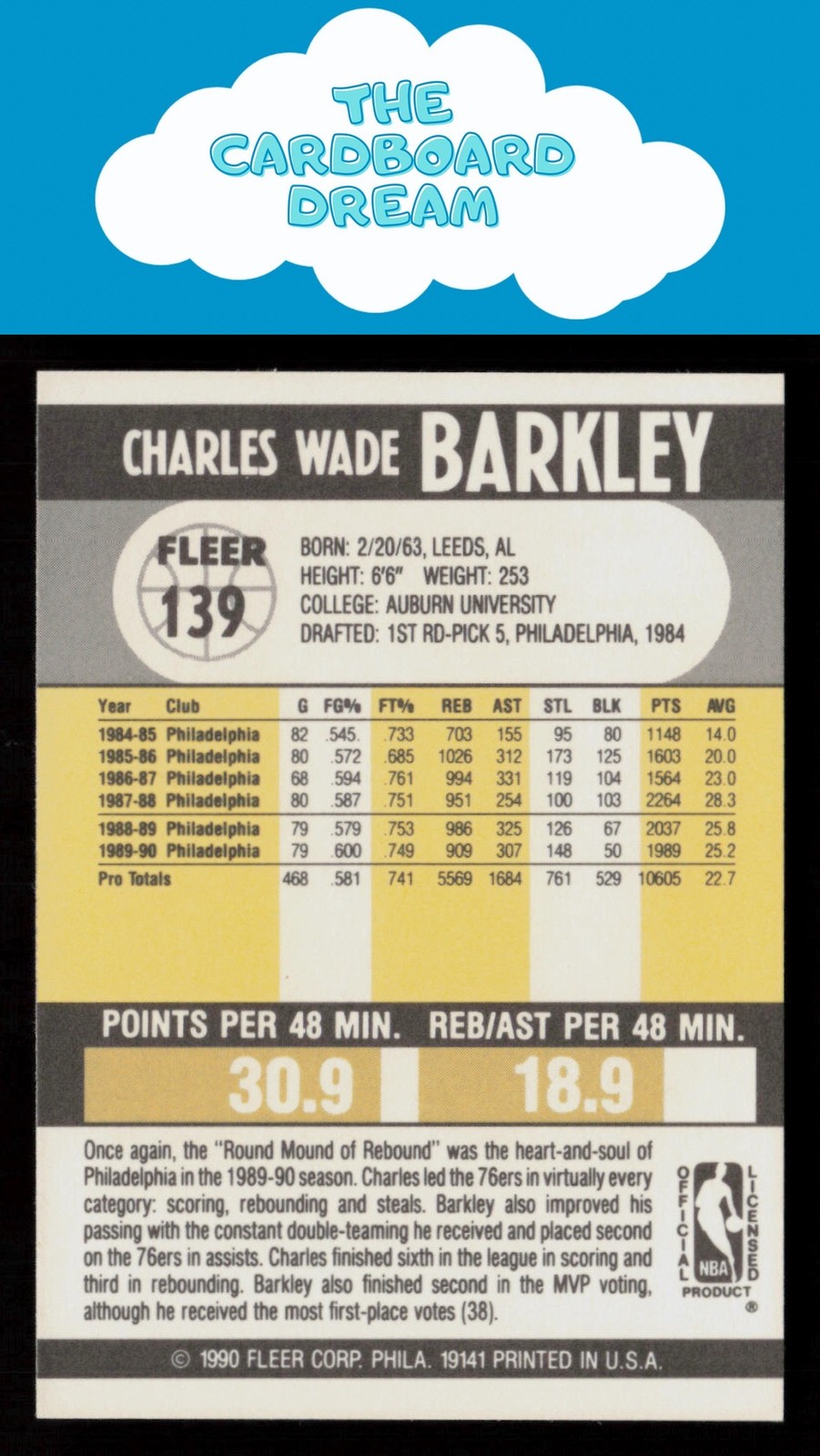 Charles Barkley 1990-91 Fleer #139 HOF Philadelphia 76ers Basketball Card