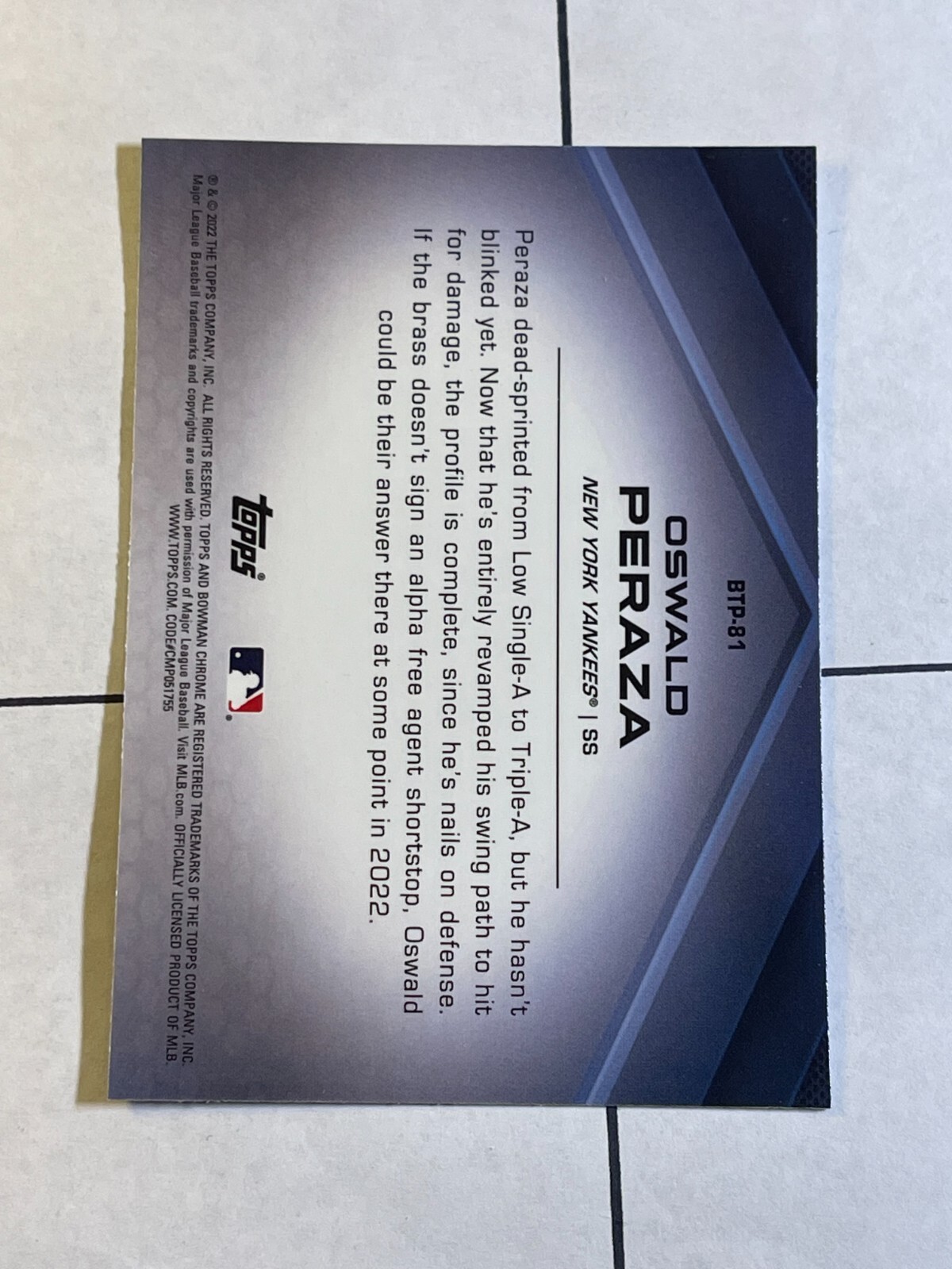 Oswald Peraza 2022 Bowman Chrome Top 100 Prospect #BTP-81 Rookie Rc Yankees