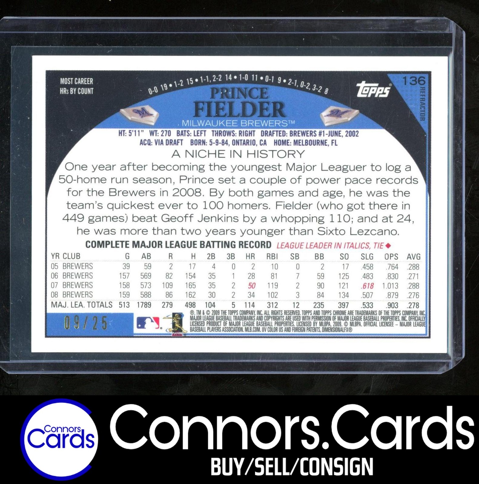 Prince Fielder 2009 Topps Chrome #136 Red Refractor /25