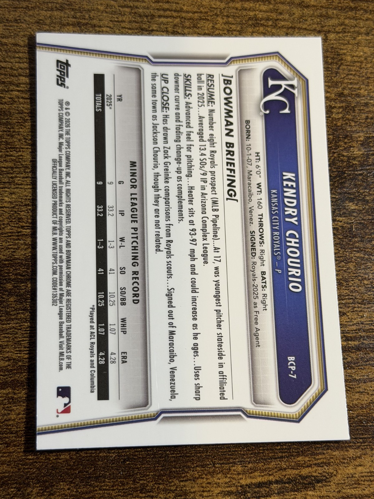 KENDRY CHOURIO 2026 Bowman #BCP-7 1st Chrome Silver Mini Diamond Refractor