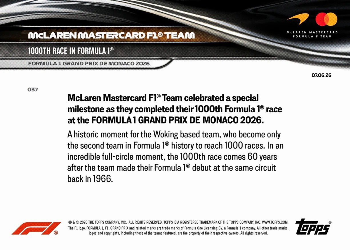 McLaren Mastercard 1,000th Race F1 2026 Formula 1 Topps NOW Card 37 Presale