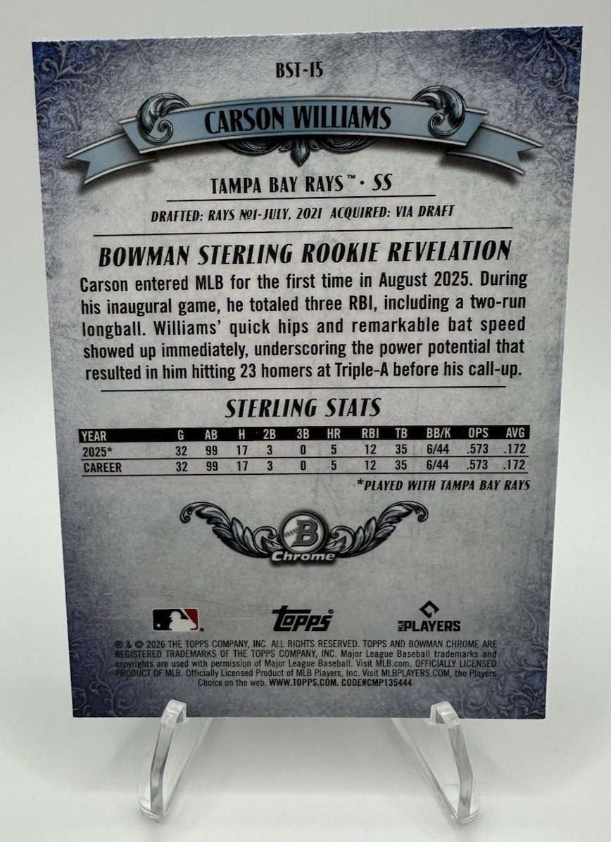 2026 Bowman Sterling Carson Williams RC BST-15 Refractor Insert Tampa Bay Rays