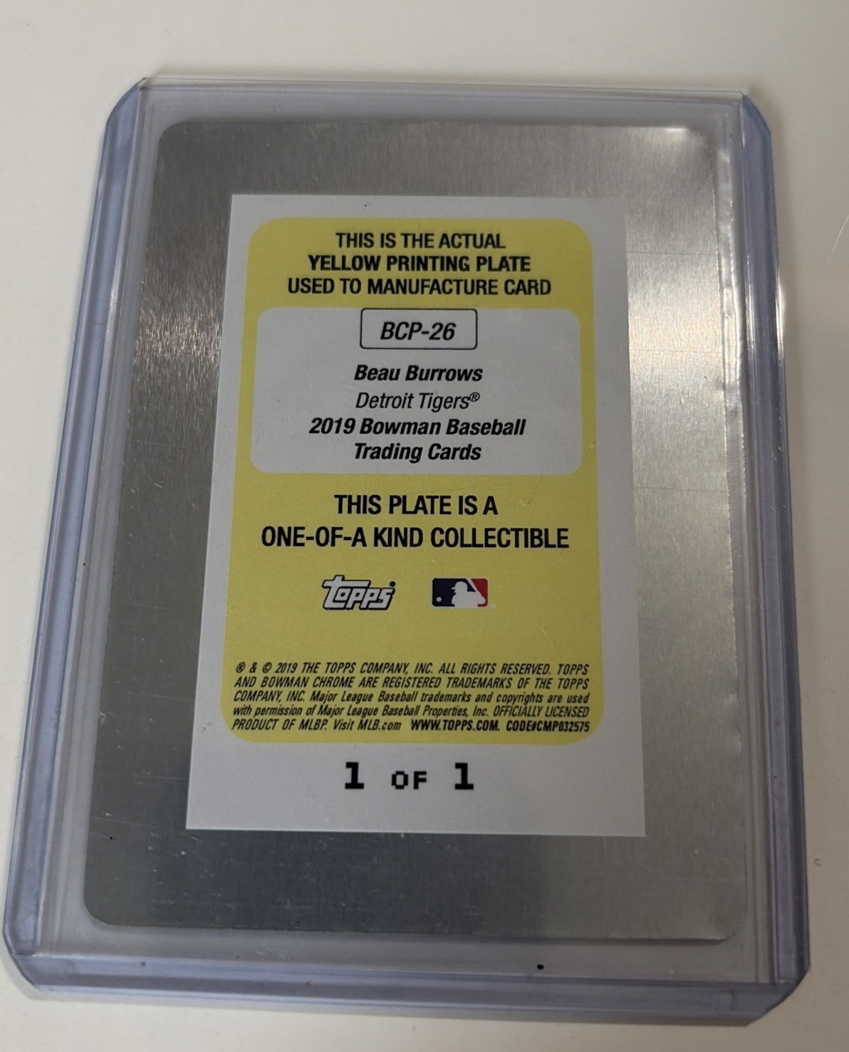 2019 Bowman Chrome Prospects Beau Burrows Printing Plate 1 Of 1 Yellow BCP-26