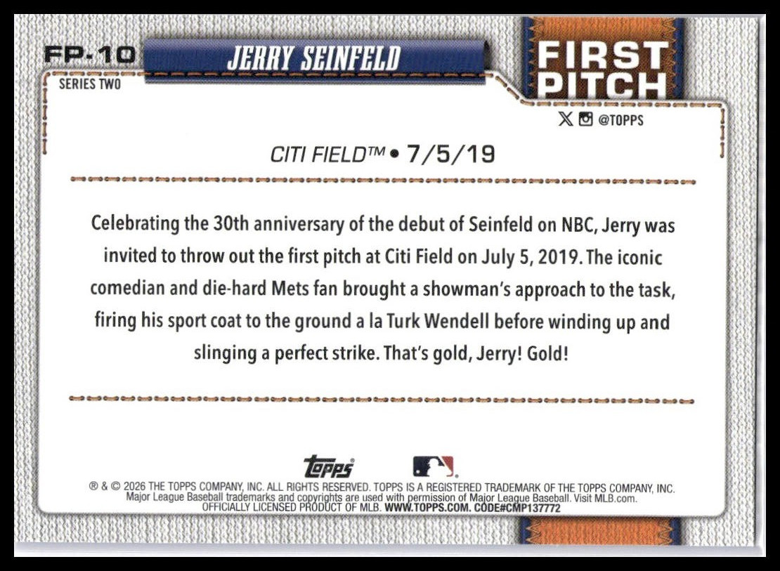 2026 Topps Series 2 JERRY SEINFELD FP-10 Rainbow Foil 1st Pitch SP NY Mets B54