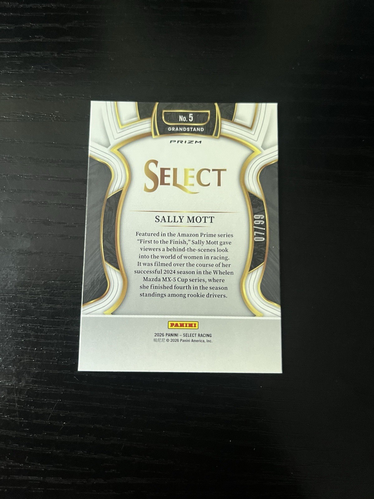 Sally Mott 2026 Panini Select Grandstand White Prizm RC 7/99 #5 Mazda