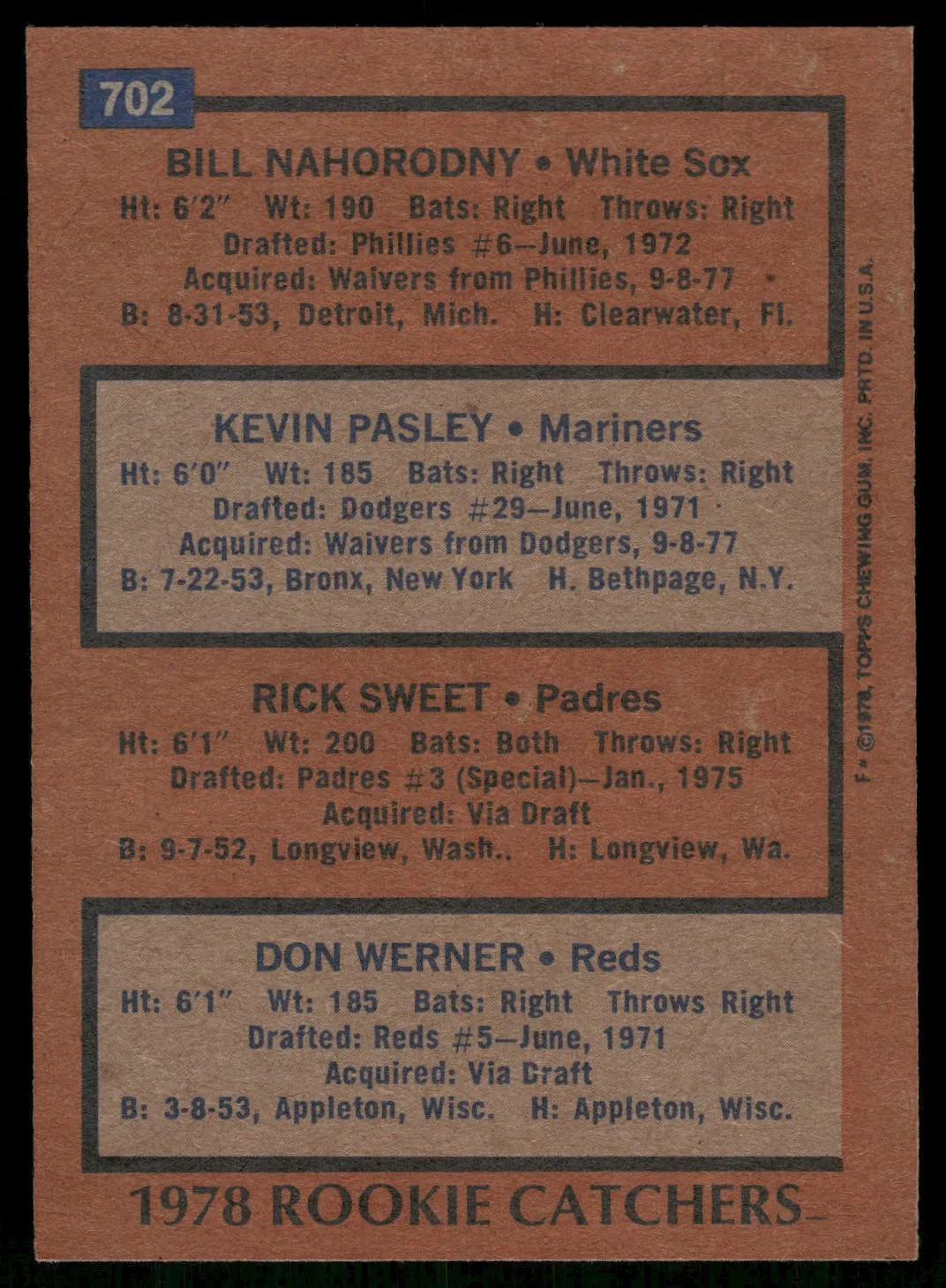 1978 Topps #702 1978 Rookie Catchers (Nahorodny/Pasley /Sweet /Werner)