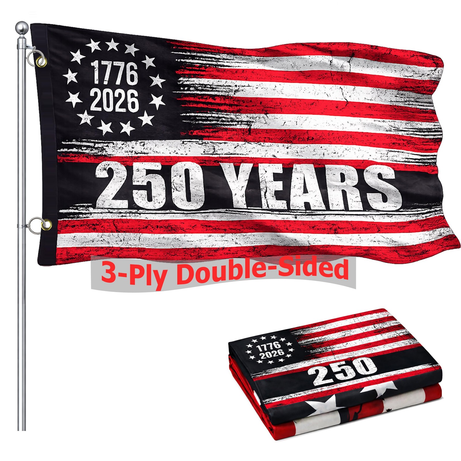 250 Anniversary USA Flag, 3×5 Ft Double-Sided, 1776-2026 250 Years Black
