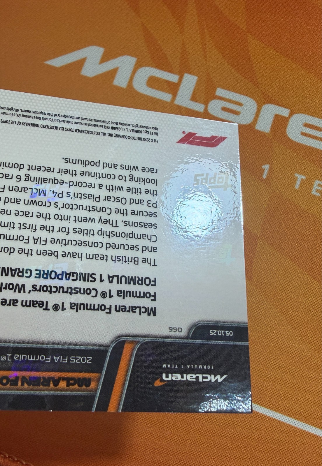 MCLAREN FORMULA 1 TEAM World Champions 2025 Topps Now Formula 1 F1 #066 Gold /50