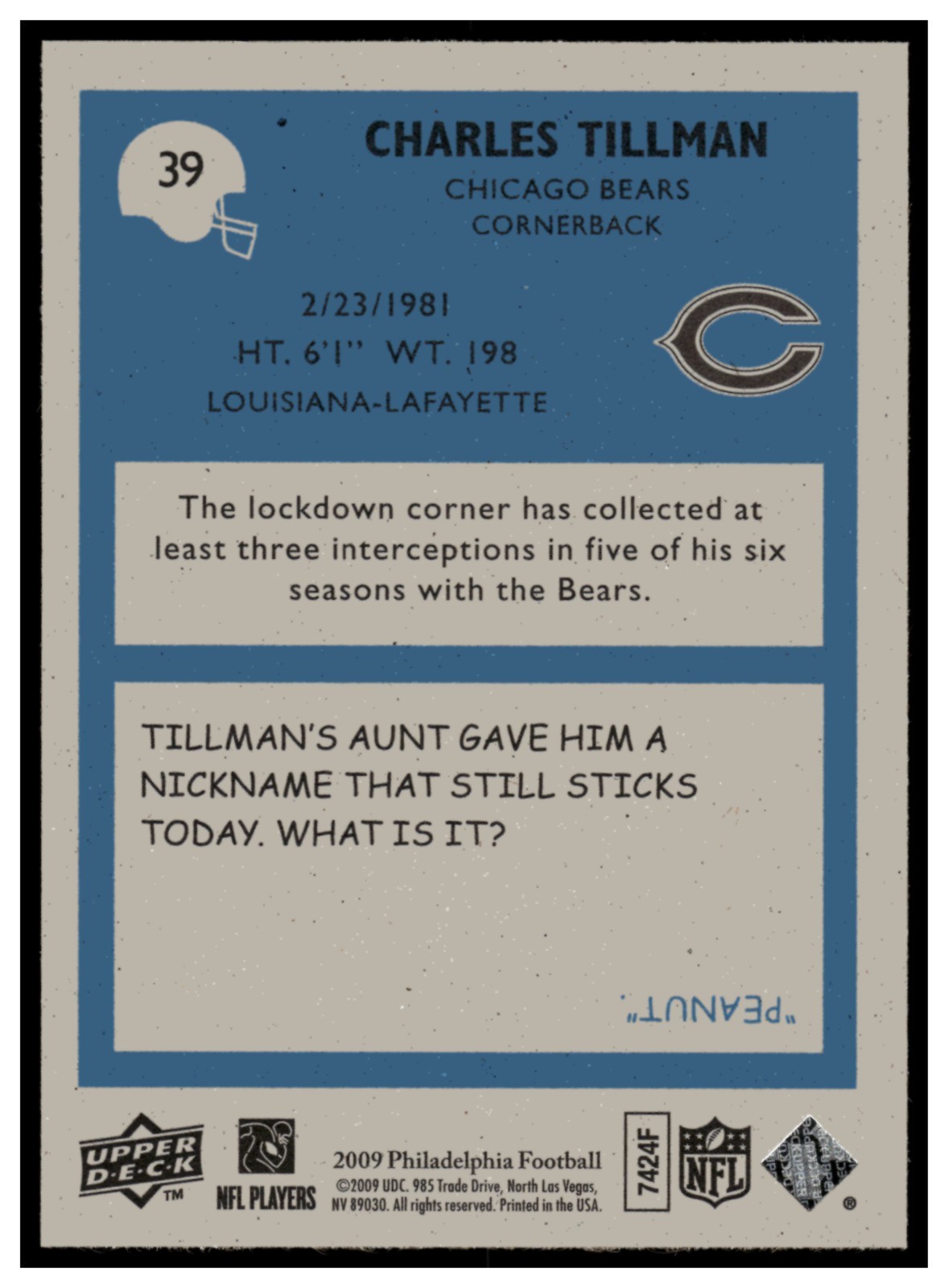 2009 Philadelphia #39 Charles Tillman ~ Chicago Bears
