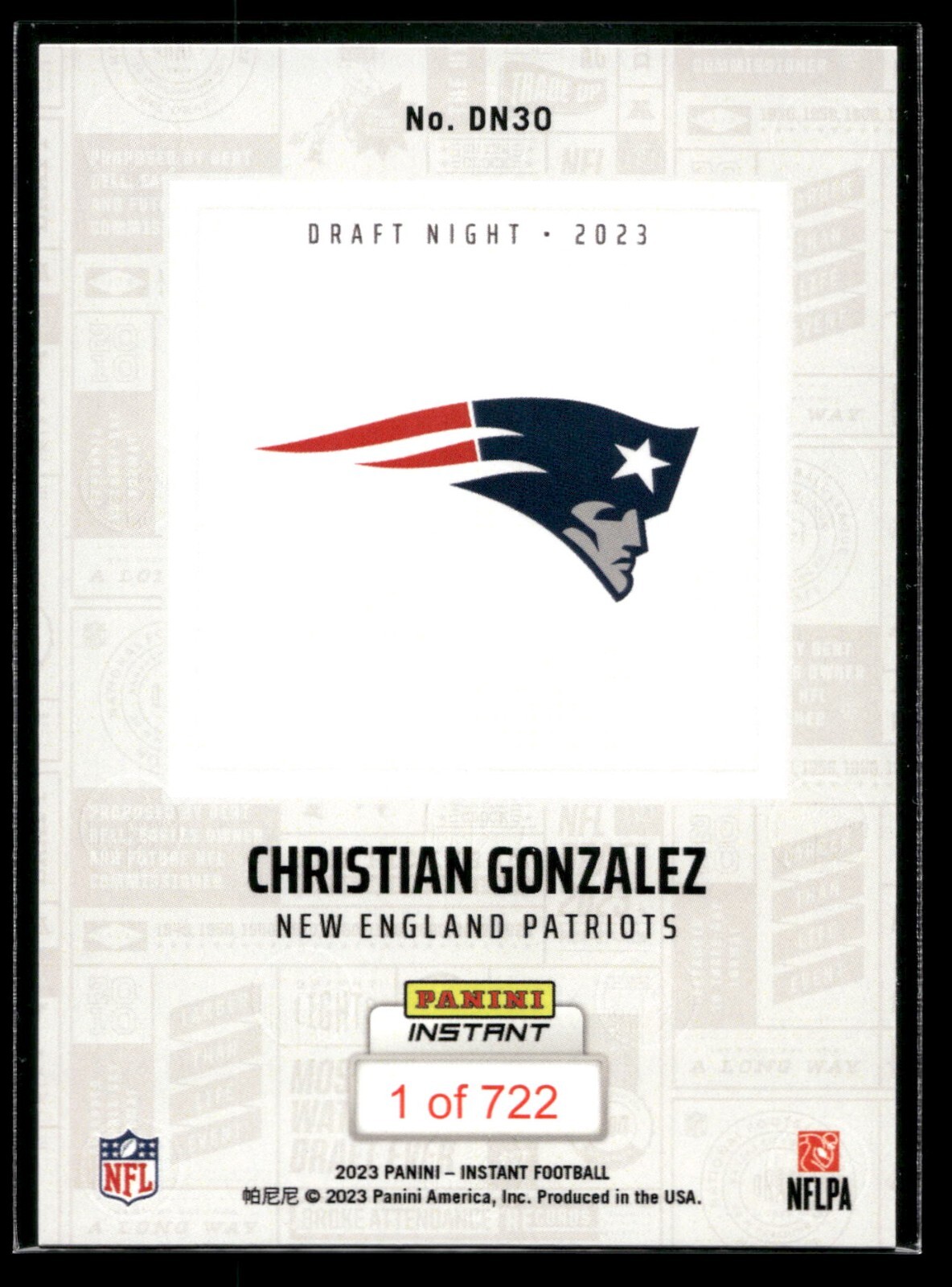 2023 Panini Instant Christian Gonzalez DRAFT NIGHT 1/722 SP Patriots #DN30 RC 🔥