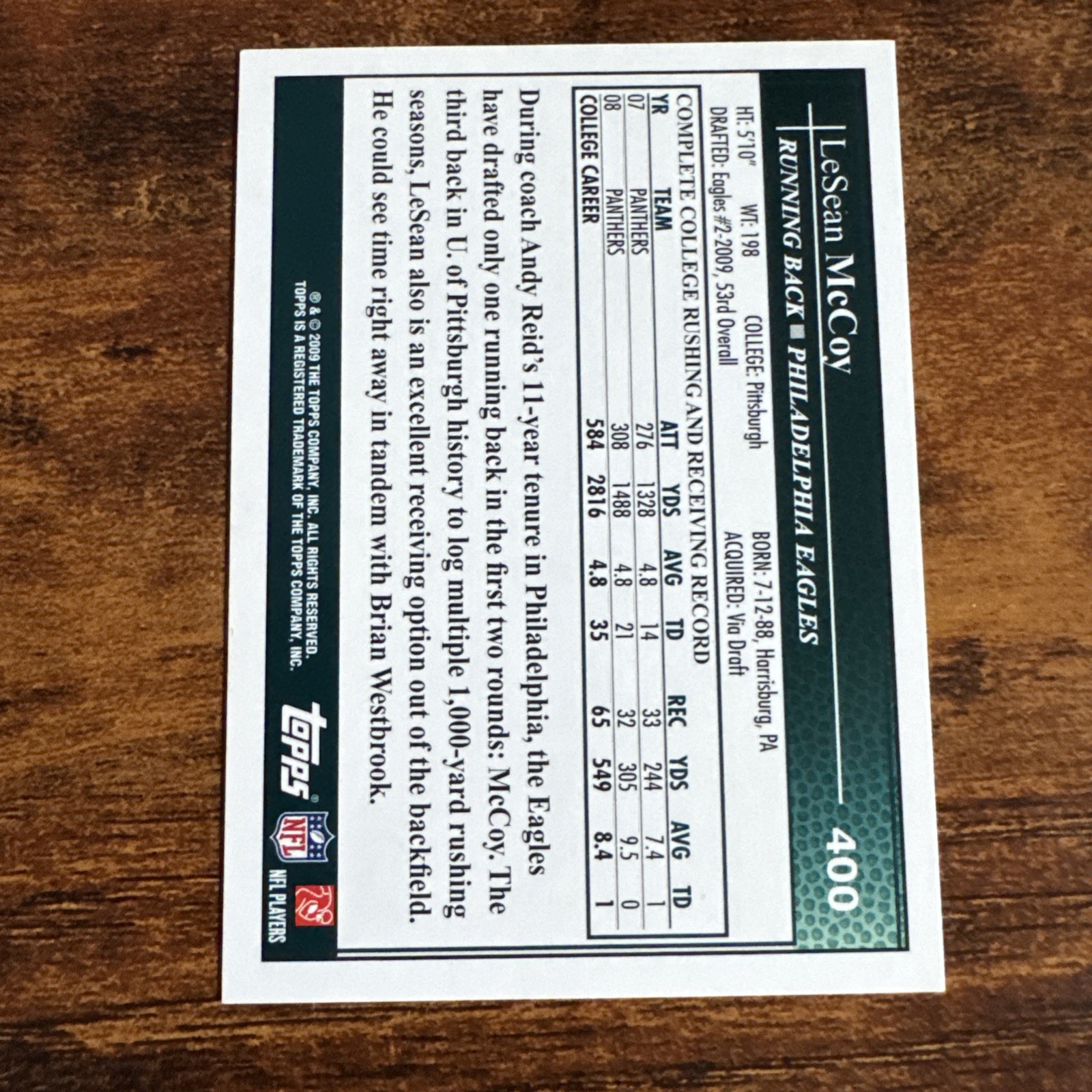 2009 Topps LeSean McCoy Rookie RC #400 Philadelphia Eagles