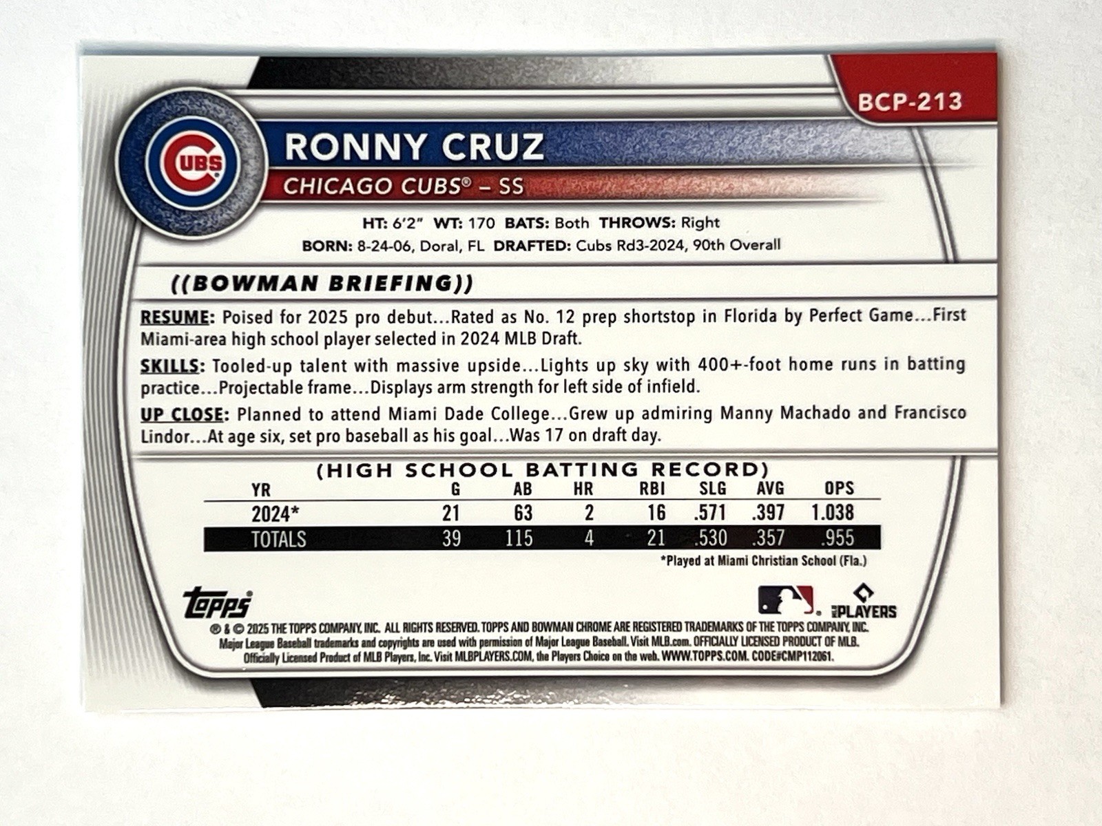 Topps 2025 Bowman Chrome 1st Prospects Shimmer Ronny Cruz #BCP-213 Cubs (RC)