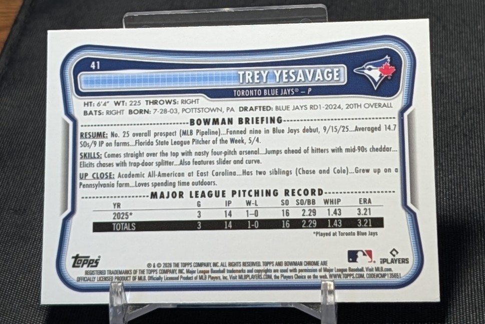 Trey Yesavage Chrome Mojo Refractor Rookie RC 2026 Bowman Card #43 Blue Jays