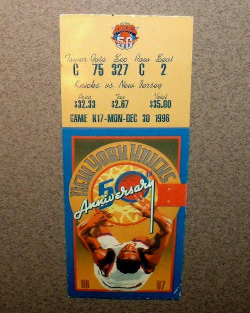 New York Knicks 12/30/1996 Ticket Stub vs NJ Nets Patrick Ewing 16pt Houston 21p