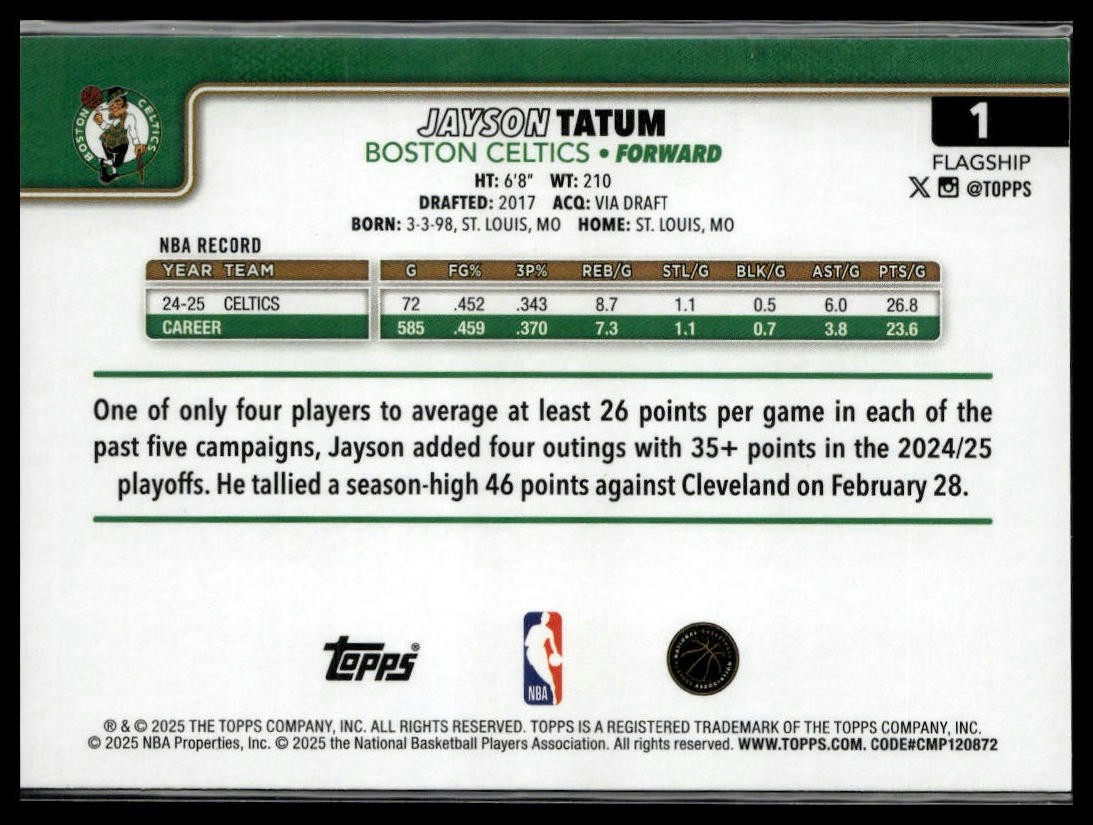 2025-26 Topps #1 Jayson Tatum Rainbow Foilboard