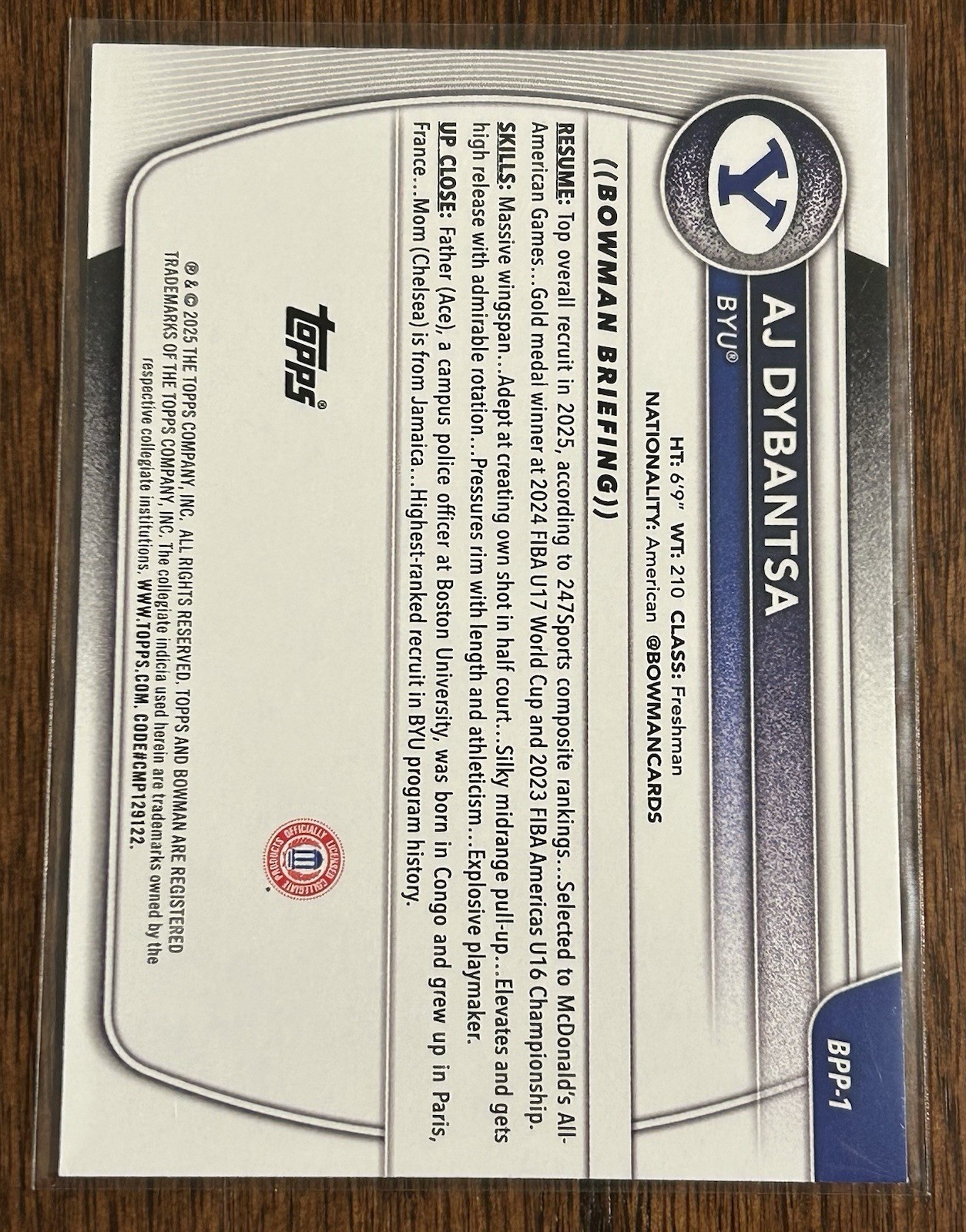 2025-26 Bowman U Basketball #BPP-1 AJ Dybantsa 1st Bowman – BYU/Wizards