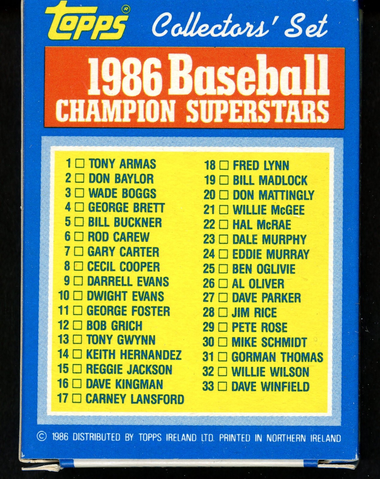(1) 1986 Topps Baseball Woolworth’s Champions Superstars Factory Set ~ 33 Cards
