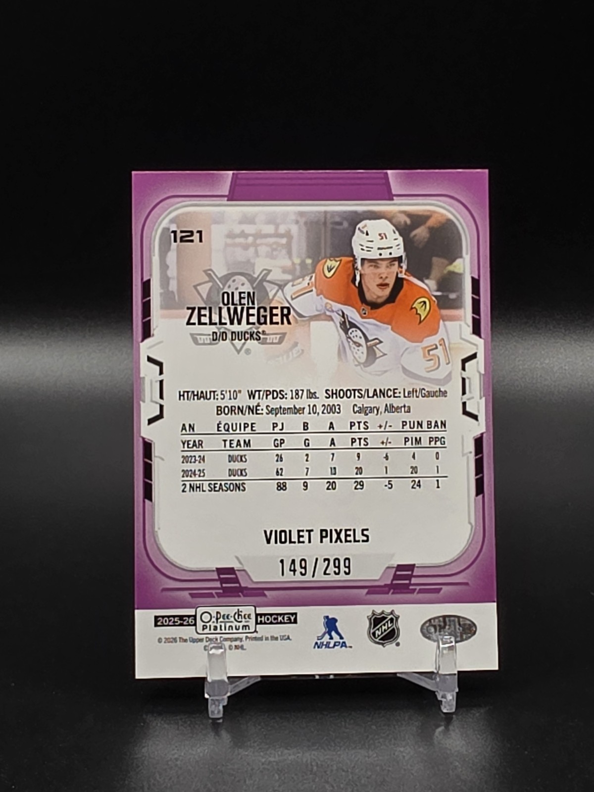 2025-26 OPC Platinum Olen Zellweger #121 Violet Pixels /299 Ducks