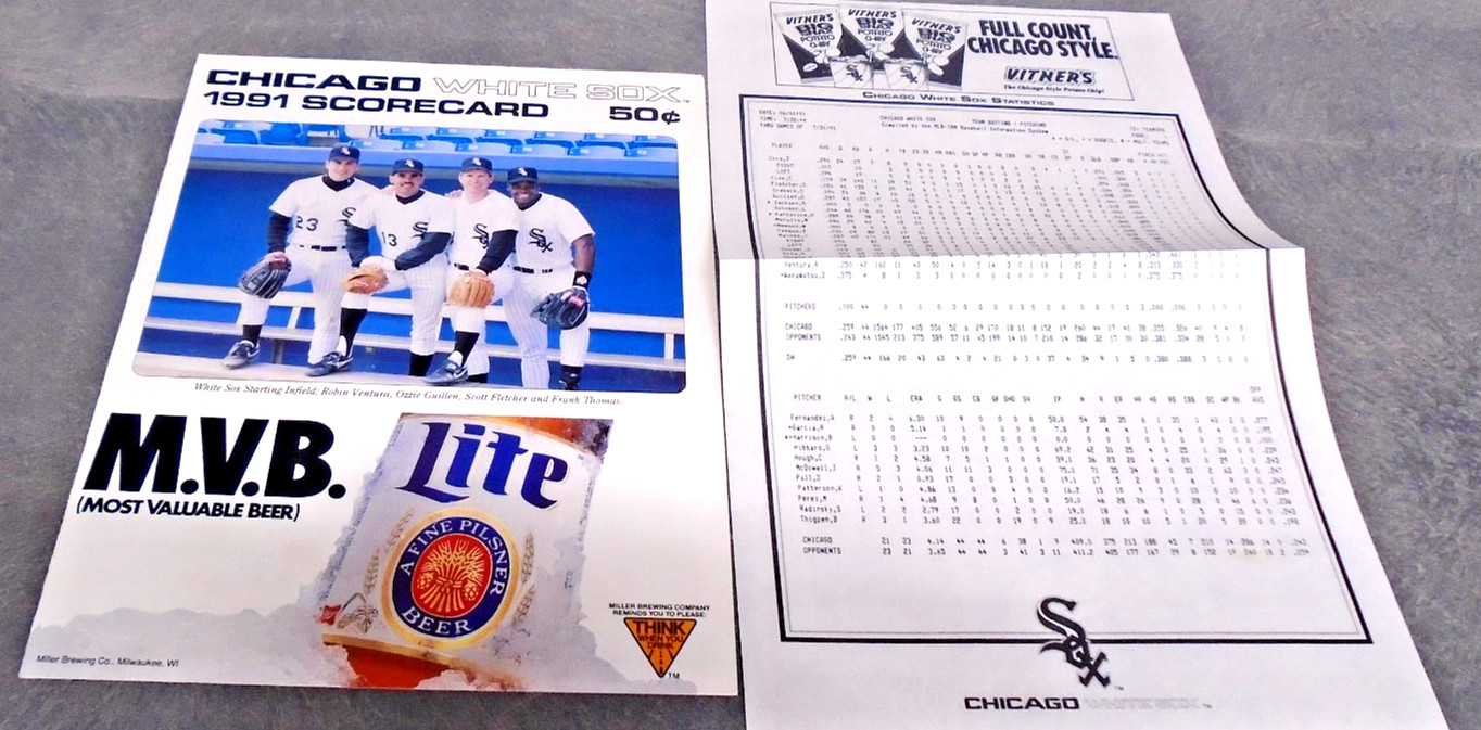 1991 MLB OFFICIAL CHICAGO WHITE SOX VS OAKLAND A’S SCORECARD PROGRAM W ROSTER