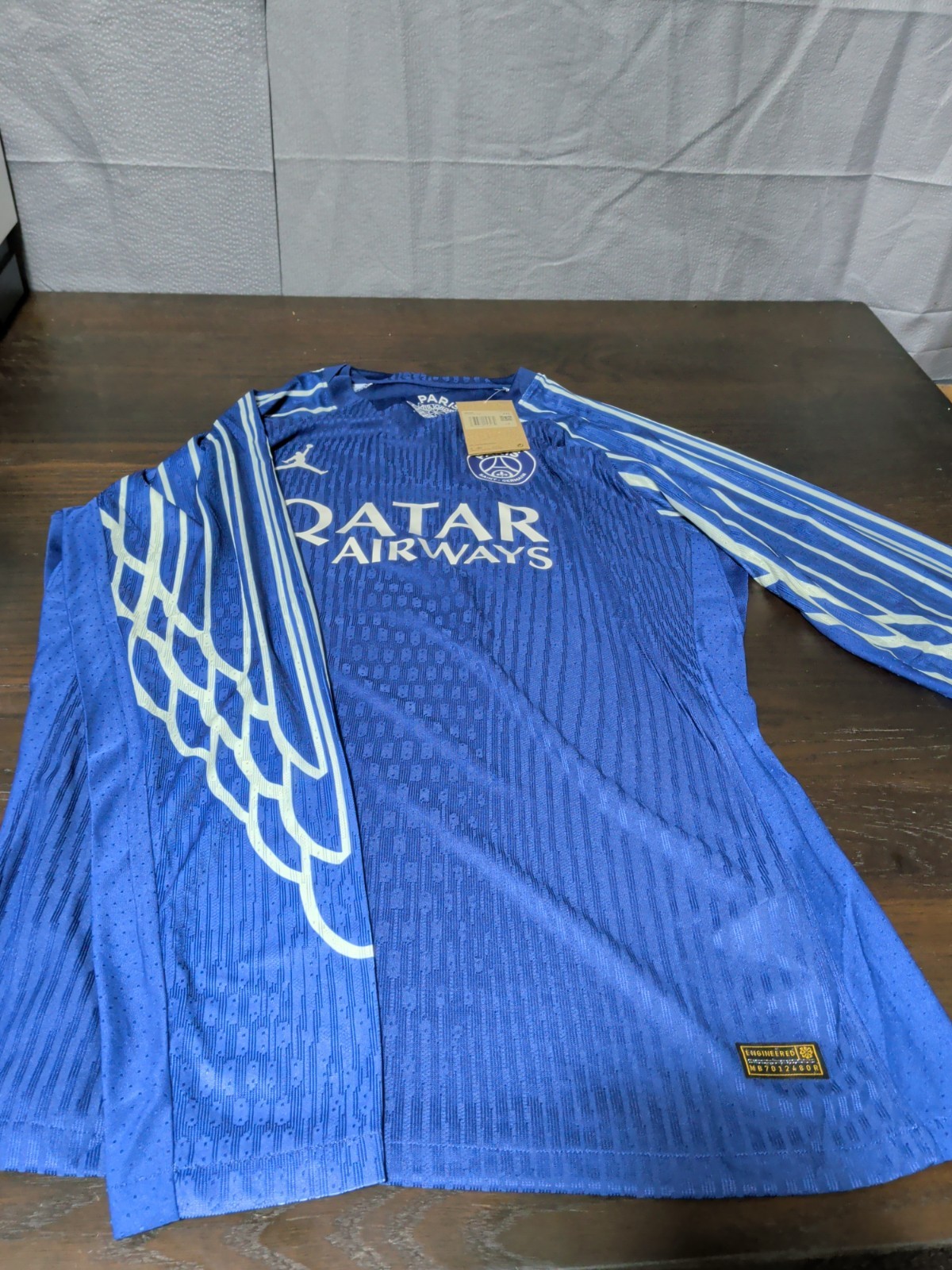 PSG Germain Jordan Doue Qatat Airways LS Blue White Soccer Jersey NWT 2 XL
