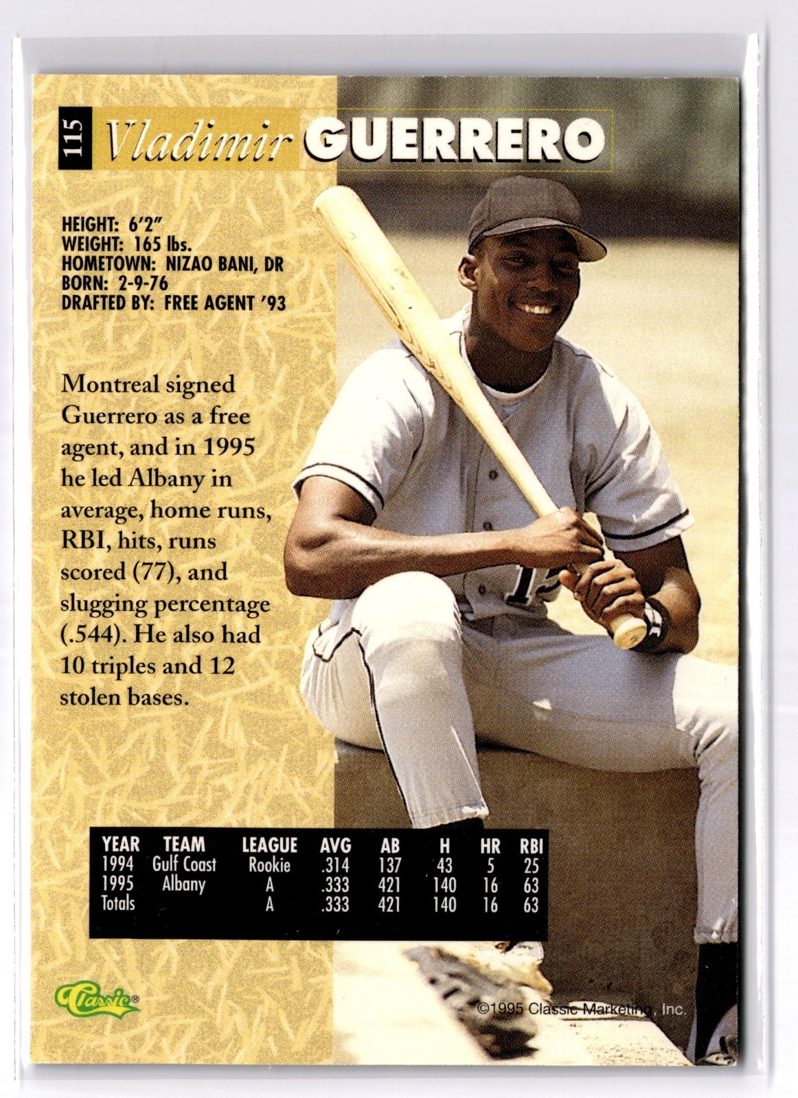 1995 Classic 5 Sport #115 Vladimir Guerrero Expos Rookie RC Prospect HOF