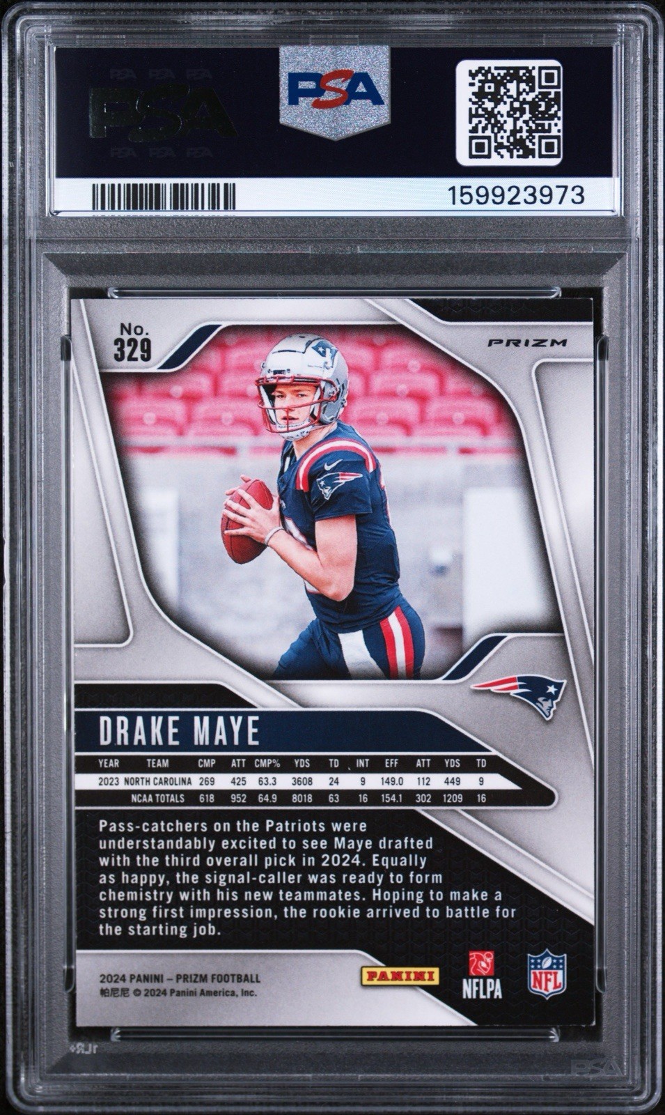 2024 Panini Prizm – Rookies Drake Maye #329 Red White & Blue Prizm (RC) PSA 8