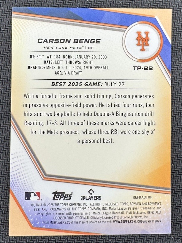2025 Bowman’s Best Carson Benge Refractor #TP-22 New York Mets