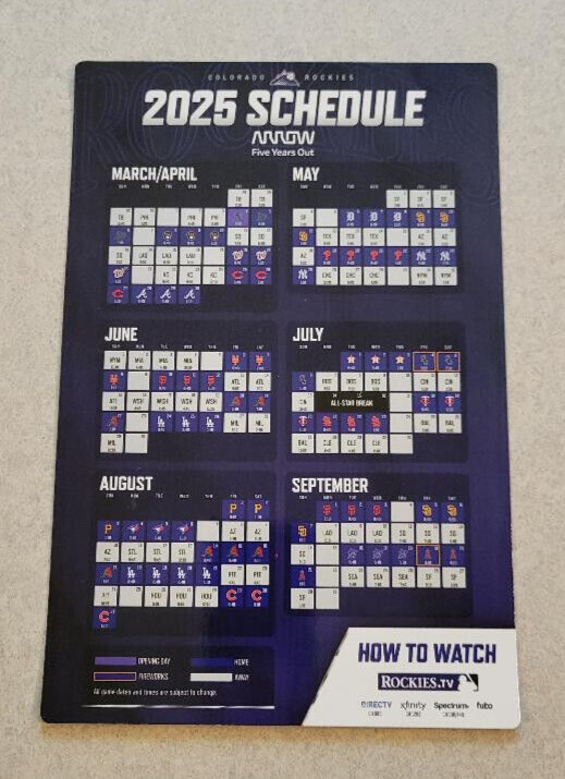 2025 COLORADO ROCKIES MAGNET SCHEDULE OFFICIAL SGA COORS FIELD NEW FREE SHIPPING