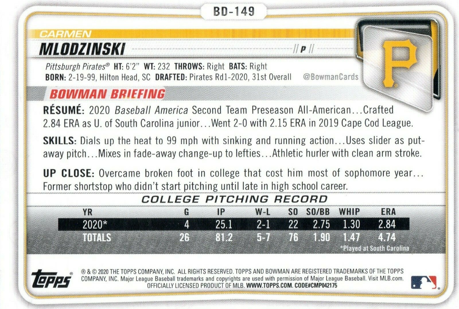 Carmen Mlodzinski Pittsburgh Pirates 2020 Bowman Draft 1st Bowman Card