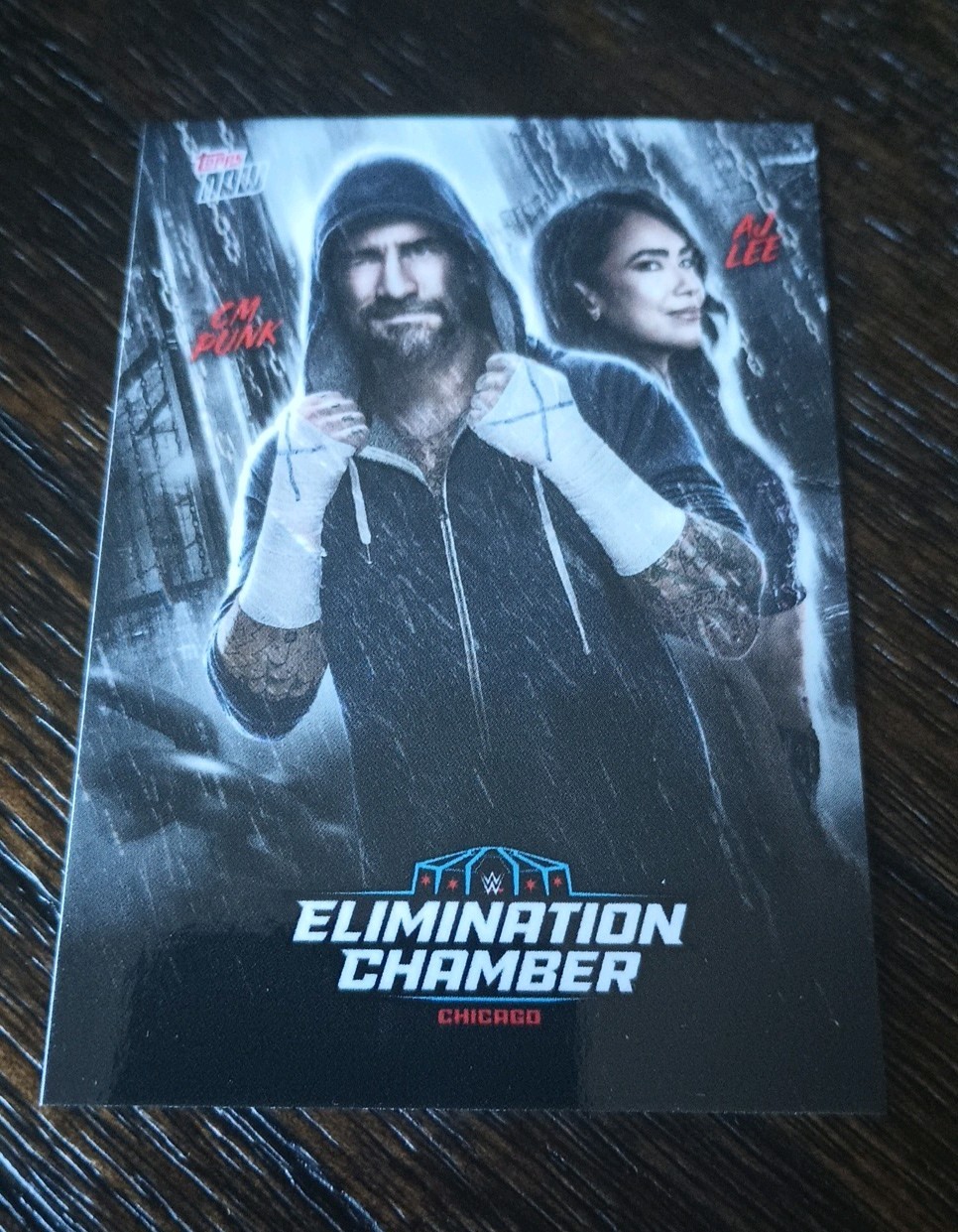 2026 WWE Topps Now Elimination Chamber Post Card CM Punk AJ Lee BASE IN HAND